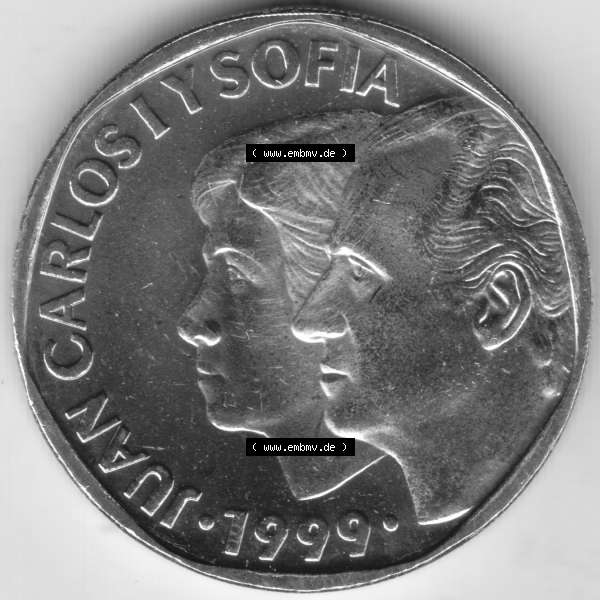 Grau bzw. s/w Münzen Spanien Umlaufmünze 1993-2001, 500 PTAS, Peseten 1999. Rückseite der spanischen Umlaufmünze aus Spanien vor der Euro-Einführung in Spanien zum katalogisieren... Sammlung Graustufen