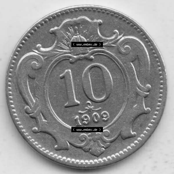 Grau bzw. s/w Münzen Österreich Umlaufmünze 1892-1911, 10 Heller 1909, Bild mit Vorderseite der Münze aus Österreich als Bildmaterial, für dich selbst Sammlung Graustufen