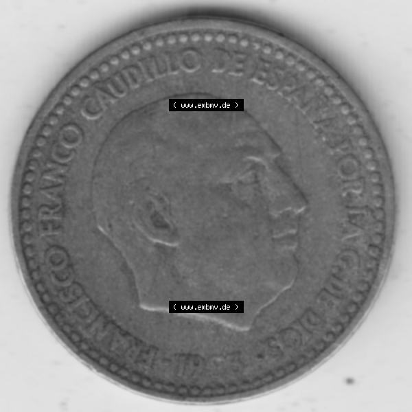 Grau bzw. s/w Münzen Spanien Umlaufmünze 1946-1963, 1 Peseta-Pesete 19x3. Rückseite der spanischen Umlaufmünze aus Spanien vor der Euro-Einführung in Spanien zum katalogisieren... Sammlung Graustufen