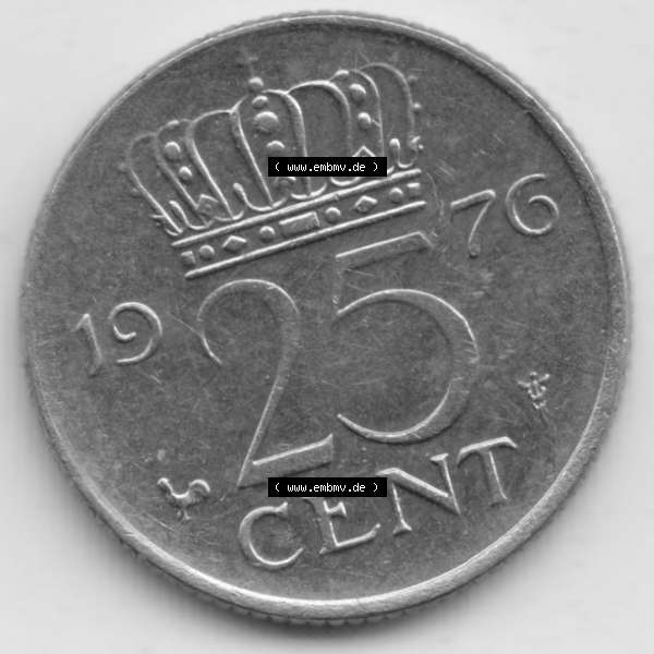 Grau bzw. s/w Münzen Niederlande Umlaufmünze 1950-1980, 25 Cent 1976, Bild mit Vorderseite der Münze als Bildmaterial Sammlung Graustufen