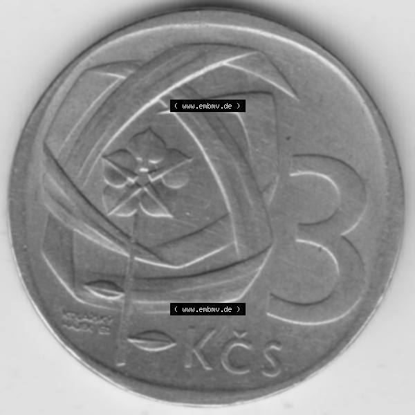 Grau bzw. s/w Münzen Tschechoslowakei Umlaufmünze 1965-1969, 3 Kronen. Rückseite der Münze aus Tschechoslowakei als Bildmaterial für Sammler und Münzen-Webseiten hier im online... Sammlung Graustufen