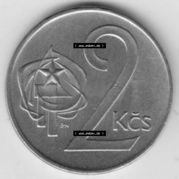 Grau bzw. s/w Münzen Tschechoslowakei Umlaufmünze 1972-1990, 2 Kronen. Rückseite der Münze aus Tschechoslowakei als Bildmaterial für Sammler und Münzen-Webseiten hier im online... Sammlung Graustufen