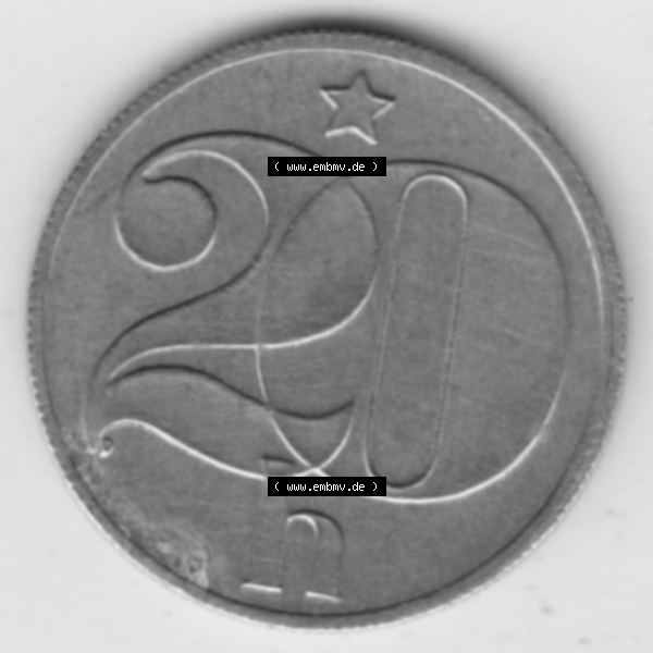 Grau bzw. s/w Münzen Tschechoslowakei Umlaufmünze 1972-1990, 20 Heller. Rückseite der Münze aus Tschechoslowakei als Bildmaterial für Sammler und Münzen-Webseiten hier im online... Sammlung Graustufen