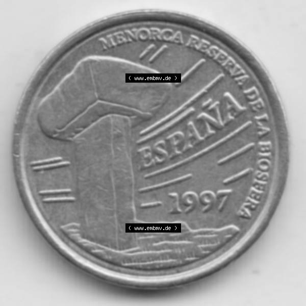 Grau bzw. s/w Münzen Spanien Umlaufmünze 1997-1997, 5 Peseten 1997. Rückseite der spanischen Umlaufmünze aus Spanien vor der Euro-Einführung in Spanien zum katalogisieren im spanischen... Sammlung Graustufen