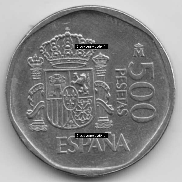 Grau bzw. s/w Münzen Spanien Umlaufmünze 1987-1990, 500 Peseten 1988. Vorderseite der alten Peseten Umlaufmünze aus Spanien vor Einführung der Euromünzen in Spanien zum katalogisieren... Sammlung Graustufen