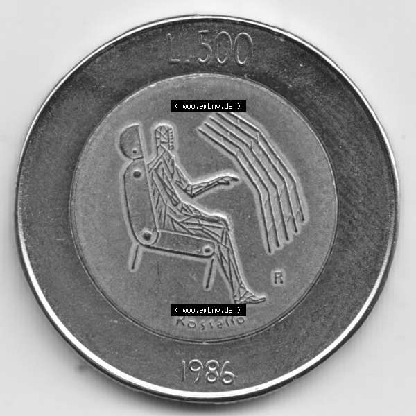 Grau bzw. s/w Münzen San Marino Gedenkmünze 1986-1986, 500 Lire Revolution der Technologie. Wappen der 500 Lire Gedenkmünzen von San Marino Eurovorläufer als Bildmaterial im online Katalog... Sammlung Graustufen