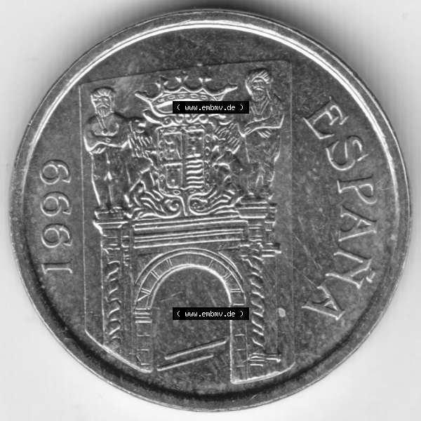 Grau bzw. s/w Münzen Spanien Umlaufmünze 1999-1999, 5 Ptas, Peseten 1999. Rückseite der spanischen Umlaufmünze aus Spanien vor der Euro-Einführung in Spanien zum katalogisieren... Sammlung Graustufen