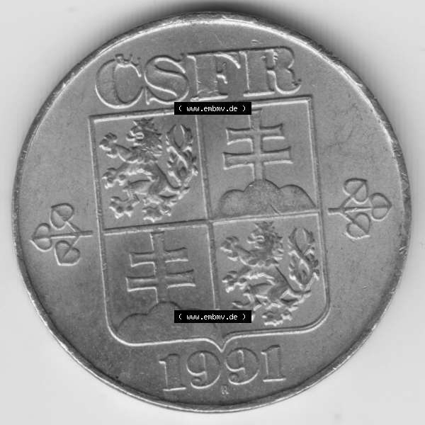 Grau bzw. s/w Münzen Tschechoslowakei Umlaufmünze 1991-1992 2 KCS, Koruny, Kronen. Vorderseite der Münze aus Tschechoslowakei als Bildmaterial für Sammler und Münzen-Webseiten... Sammlung Graustufen