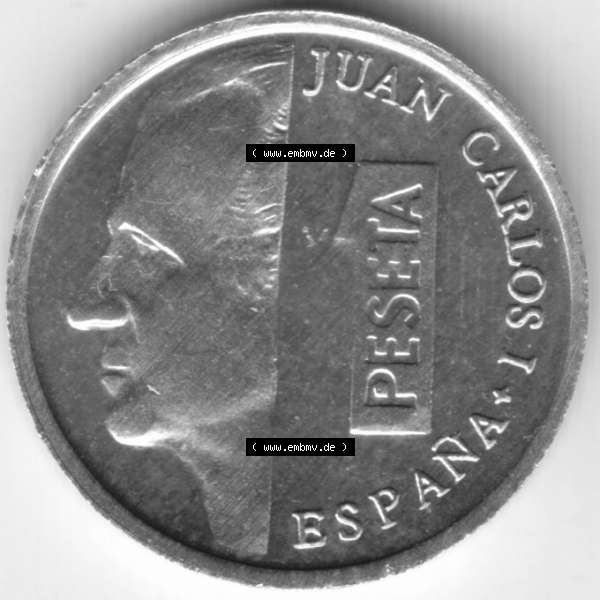 Grau bzw. s/w Münzen Spanien Umlaufmünze 1989-2001, 1 Peseta, Pesete 1999. Vorderseite der alten Peseten Umlaufmünze aus Spanien vor Einführung der Euromünzen in Spanien zum... Sammlung Graustufen