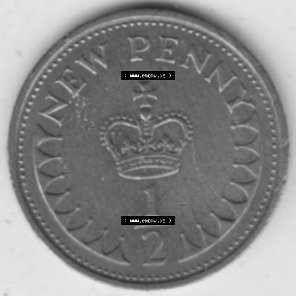 Grau bzw. s/w Münzen Großbritannien Umlaufmünze 1971-1981, 1/2 New Penny 1971. Vorderseite der alten britischen Münze aus Großbritannien zum katalogisieren und verwalten im... Sammlung Graustufen