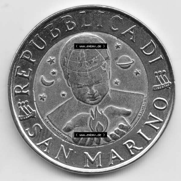 Grau bzw. s/w Münzen San Marino Gedenkmünze 1996-1996, 500 Lire Die Künste. Wappen der 500 Lire Gedenkmünzen von San Marino Eurovorläufer als Bildmaterial im online Katalog und... Sammlung Graustufen