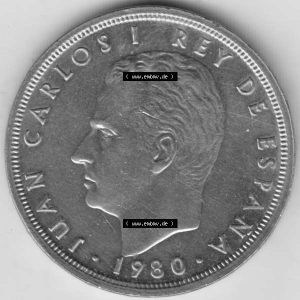 Grau bzw. s/w Münzen Spanien Umlaufmünze 1980-1992, 50 Pesetas - Peseten 1979. Rückseite der spanischen Umlaufmünze aus Spanien vor der Euro-Einführung in Spanien zum katalogisieren... Sammlung Graustufen