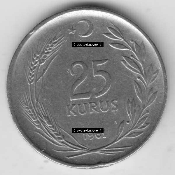 Grau bzw. s/w Münzen Türkei Umlaufmünze 1960-1966, 25 Kurus. Vorderseite der Münze der Türkei als Bildmaterial für Sammler und Münzen-Webseiten hier im online Katalog... Sammlung Graustufen