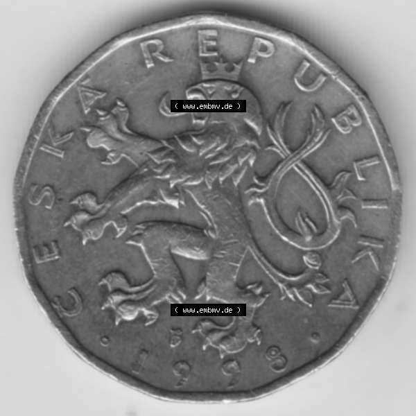 Grau bzw. s/w Münzen Tschechien Umlaufmünze 1993-Heute, 20 Kronen. Vorderseite der Münze aus Tschechien als Bildmaterial für Sammler und Münzen-Webseiten hier im online Katalog... Sammlung Graustufen