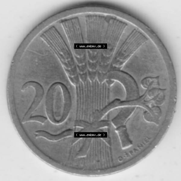 Grau bzw. s/w Münzen Tschechoslowakei Umlaufmünze 1921-1938, 20 Heller. Rückseite der Münze aus Tschechoslowakei als Bildmaterial für Sammler und Münzen-Webseiten hier im online... Sammlung Graustufen