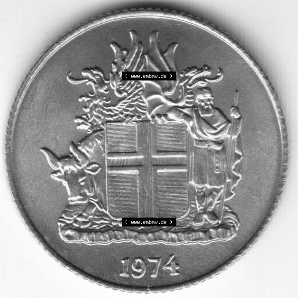 Grau bzw. s/w Münzen Island Umlaufmünze 1974, 1 Krona, Krone . Vorderseite der alten Isländischen Umlaufmünze aus Island in Isländischen Kronen-Währung zum katalogisieren... Sammlung Graustufen