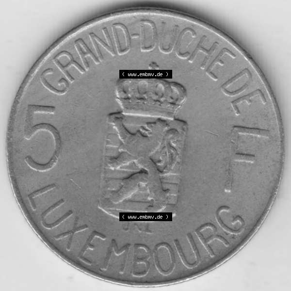 Grau bzw. s/w Münzen Luxemburg Umlaufmünze 1962-1962, 5 Franken - Francs 1962, Bild mit Vorderseite der Münze als Bildmaterial Sammlung Graustufen