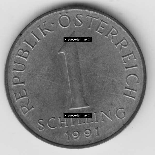 Grau bzw. s/w Münzen Österreich Umlaufmünze 1959-2001, 1 Schilling 1991 I., Bild mit Vorderseite der Münze aus Österreich als Bildmaterial, für dich selbst Sammlung Graustufen