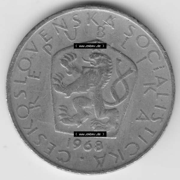 Grau bzw. s/w Münzen Tschechoslowakei Umlaufmünze 1967-1990, 5 Kcs, Korun, Kronen. Vorderseite der Münze aus Tschechoslowakei als Bildmaterial für Sammler und Münzen-Webseiten... Sammlung Graustufen