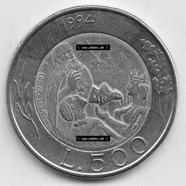 Grau bzw. s/w Münzen San Marino Gedenkmünze 1994-1994, 500 Lire Steinmetz mit Hammer und Meißel Rauchtürme. Wappen der 500 Lire Gedenkmünzen von San Marino Eurovorläufer als... Sammlung Graustufen