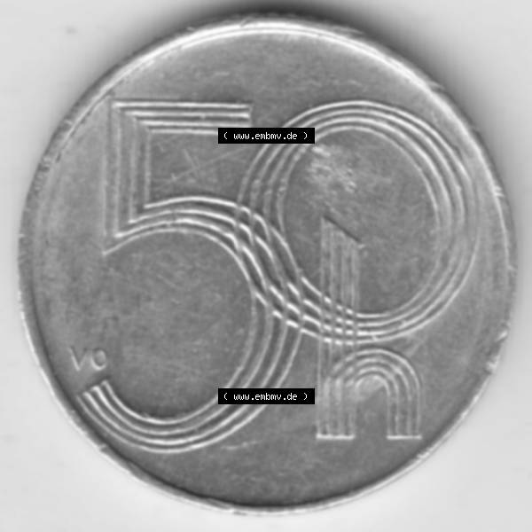 Grau bzw. s/w Münzen Tschechien Umlaufmünze 1993-2008, 50 Heller. Rückseite der Münze aus Tschechien als Bildmaterial für Sammler und Münzen-Webseiten hier im online Katalog... Sammlung Graustufen