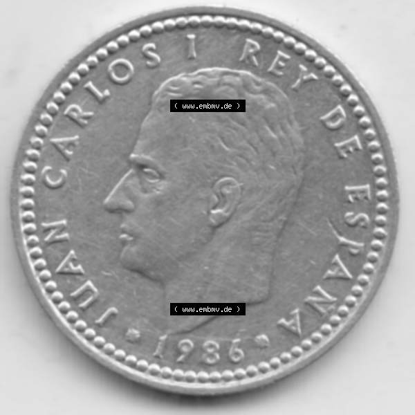 Grau bzw. s/w Münzen Spanien Umlaufmünze 1982-1989, 1 Pesete 1986. Rückseite der spanischen Umlaufmünze aus Spanien vor der Euro-Einführung in Spanien zum katalogisieren im spanischen... Sammlung Graustufen