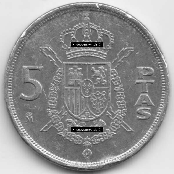 Grau bzw. s/w Münzen Spanien Umlaufmünze 1982-1989, 5 PETAS, Peseten 1982. Vorderseite der alten Peseten Umlaufmünze aus Spanien vor Einführung der Euromünzen in Spanien zum... Sammlung Graustufen