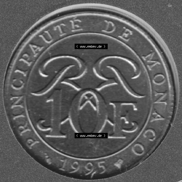 Grau bzw. s/w Münzen Monaco Umlaufmünze 1989-2000, 10 Francs 1995 (1) Sammlung Graustufen