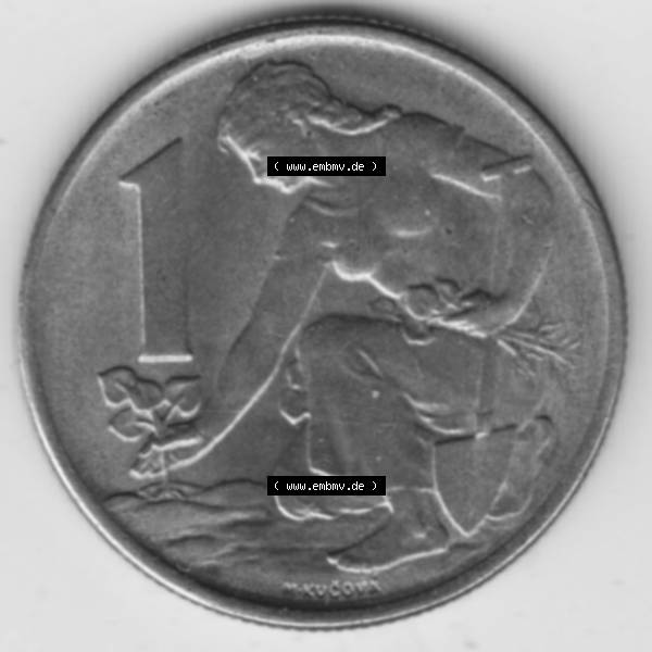 Grau bzw. s/w Münzen Tschechoslowakei Umlaufmünze 1961-1990, 1 Krone. Rückseite der Münze aus Tschechoslowakei als Bildmaterial für Sammler und Münzen-Webseiten hier im online... Sammlung Graustufen