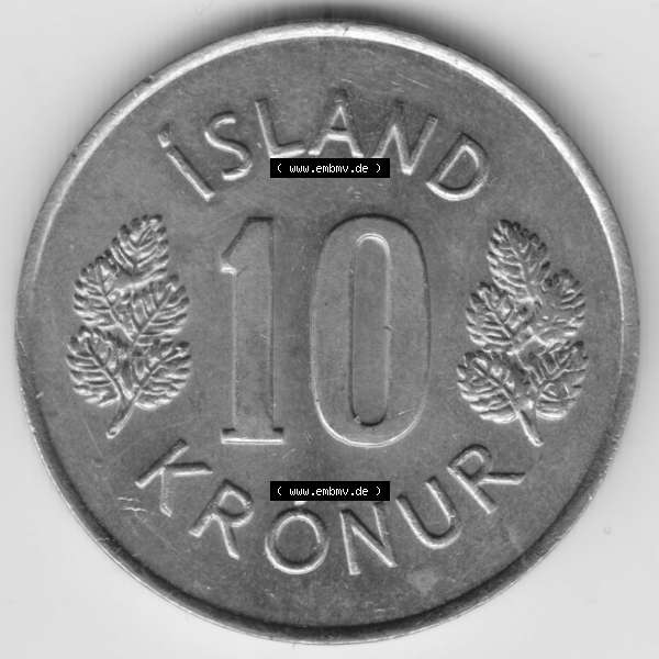 Grau bzw. s/w Münzen Island Umlaufmünze 1967-1980, 10 Kronur, Kronen 1980. Rückseite der alten Isländischen Umlaufmünze aus Island in Isländischen Kronen-Währung... Sammlung Graustufen