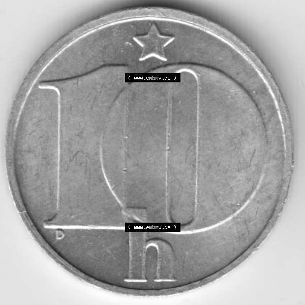 Grau bzw. s/w Münzen Tschechoslowakei Umlaufmünze 1974-1990 10 h, Haleru, Heller. Rückseite der Münze aus Tschechoslowakei als Bildmaterial für Sammler und Münzen-Webseiten... Sammlung Graustufen