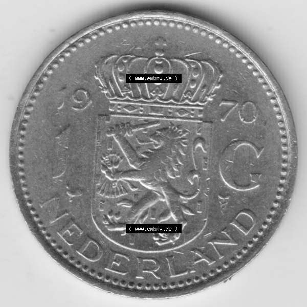 Grau bzw. s/w Münzen Niederlande Umlaufmünze 1967-1980, 1 Gulden 1970, Bild mit Vorderseite der Münze als Bildmaterial Sammlung Graustufen