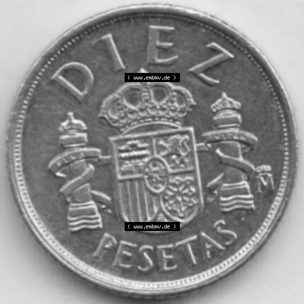 Grau bzw. s/w Münzen Spanien Umlaufmünze 1983-1985, 10 Peseten 1985. Vorderseite der alten Peseten Umlaufmünze aus Spanien vor Einführung der Euromünzen in Spanien zum katalogisieren... Sammlung Graustufen