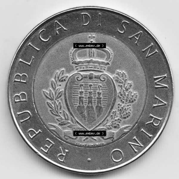 Grau bzw. s/w Münzen San Marino Gedenkmünze 1987-1987, 500 Lire 15. Jahrestag - Wiederaufnahme der Münzenprägung. Wappen der 500 Lire Gedenkmünzen von San Marino Eurovorläufer... Sammlung Graustufen