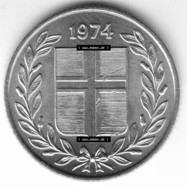 Grau bzw. s/w Münzen Island Umlaufmünze 1974 50 Aurar. Vorderseite der alten Isländischen Umlaufmünze aus Island in Isländischen Kronen-Währung zum katalogisieren und verwalten im... Sammlung Graustufen