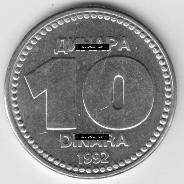 Grau bzw. s/w Münzen Jugoslawien Umlaufmünze 1992-1992, 10 Dinara, Anhapa, Dinar, Bild mit Vorderseite der Münze als Bildmaterial Sammlung Graustufen