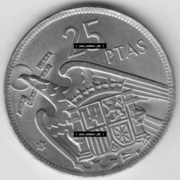 Grau bzw. s/w Münzen Spanien Umlaufmünze 1957-1957, 25 Peseten 1968. Vorderseite der Peseten Umlaufmünze aus Spanien vor Einführung der Euromünzen in Spanien zum katalogisieren... Sammlung Graustufen