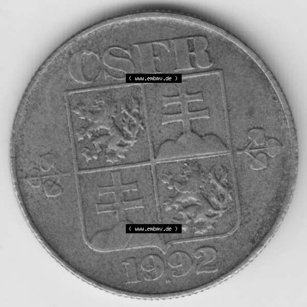 Grau bzw. s/w Münzen Tschechoslowakei Umlaufmünze 1991-1992 1 Kcs, Koruna, Kronen. Vorderseite der Münze aus Tschechoslowakei als Bildmaterial für Sammler und Münzen-Webseiten... Sammlung Graustufen