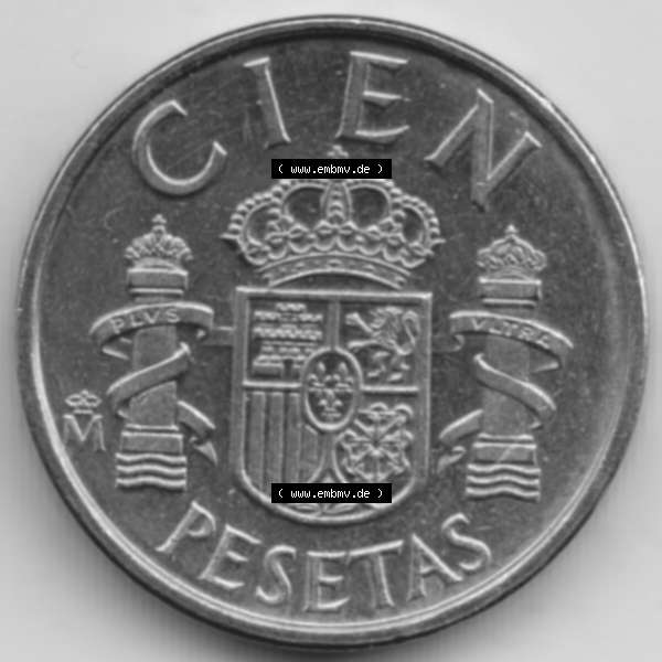 Grau bzw. s/w Münzen Spanien Umlaufmünze 1982-1990, 100 Cien Peseten 1982. Vorderseite der alten Peseten Umlaufmünze aus Spanien vor Einführung der Euromünzen in Spanien zum katalogisieren... Sammlung Graustufen