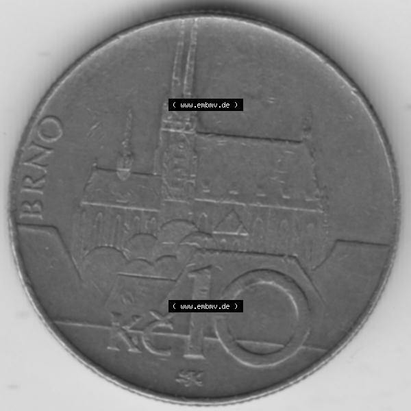 Grau bzw. s/w Münzen Tschechien Umlaufmünze 1993-Heute, 10 Kronen. Rückseite der Münze aus Tschechien als Bildmaterial für Sammler und Münzen-Webseiten hier im online Katalog... Sammlung Graustufen