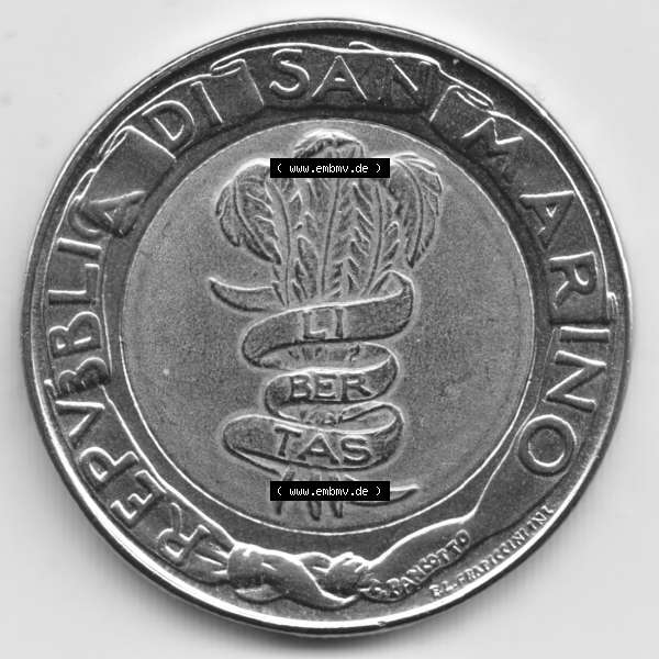 Grau bzw. s/w Münzen San Marino Gedenkmünze 1995-1995, 500 Lire F.A.O.. Wappen der 500 Lire Gedenkmünzen von San Marino Eurovorläufer als Bildmaterial im online... Sammlung Graustufen