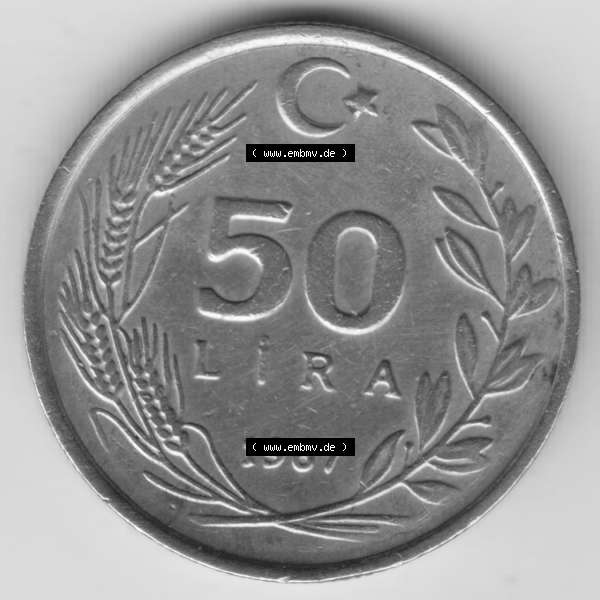 Grau bzw. s/w Münzen Türkei Umlaufmünze 1984-1987, 50 Lira - Lire. Vorderseite der Münze der Türkei als Bildmaterial für Sammler und Münzen-Webseiten hier im online Katalog... Sammlung Graustufen