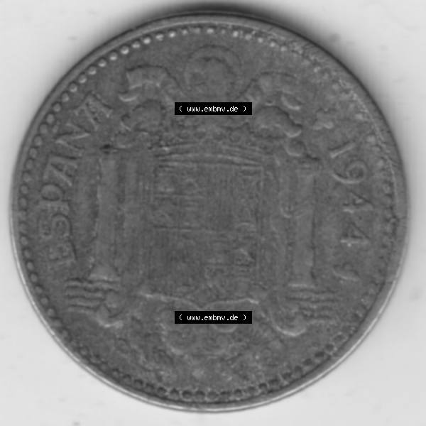 Grau bzw. s/w Münzen Spanien Umlaufmünze 1944-1944, 1 Pesete 1944. Rückseite der spanischen Umlaufmünze aus Spanien vor der Euro-Einführung in Spanien zum katalogisieren im spanischen... Sammlung Graustufen