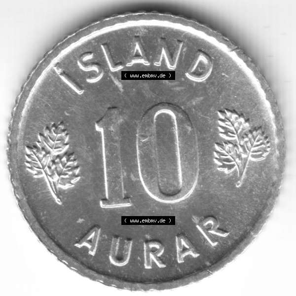 Grau bzw. s/w Münzen Island Umlaufmünze 1974 10 Aurar. Rückseite der alten Isländischen Umlaufmünze aus Island in Isländischen Kronen-Währung zum katalogisieren und verwalten... Sammlung Graustufen