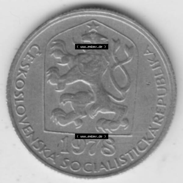 Grau bzw. s/w Münzen Tschechoslowakei Umlaufmünze 1978-1990, 50 Heller. Vorderseite der Münze aus Tschechoslowakei als Bildmaterial für Sammler und Münzen-Webseiten hier im online... Sammlung Graustufen