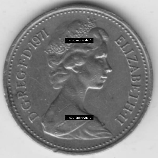Grau bzw. s/w Münzen Großbritannien Umlaufmünze 1971-1981, 1 New Penny 1971. Rückseite der alten britischen Münze aus Großbritannien zum katalogisieren und verwalten im Münzen-Katalog... Sammlung Graustufen