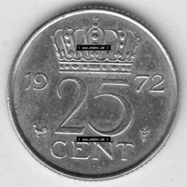 Grau bzw. s/w Münzen Niederlande Umlaufmünze 1950-1980, 25 Cent 1972, Bild mit Vorderseite der Münze als Bildmaterial Sammlung Graustufen