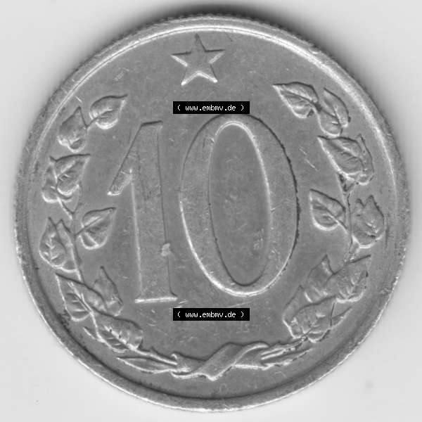 Grau bzw. s/w Münzen Tschechoslowakei Umlaufmünze 1961-1971 10 h, Haleru, Heller. Rückseite der Münze aus Tschechoslowakei als Bildmaterial für Sammler und Münzen-Webseiten... Sammlung Graustufen