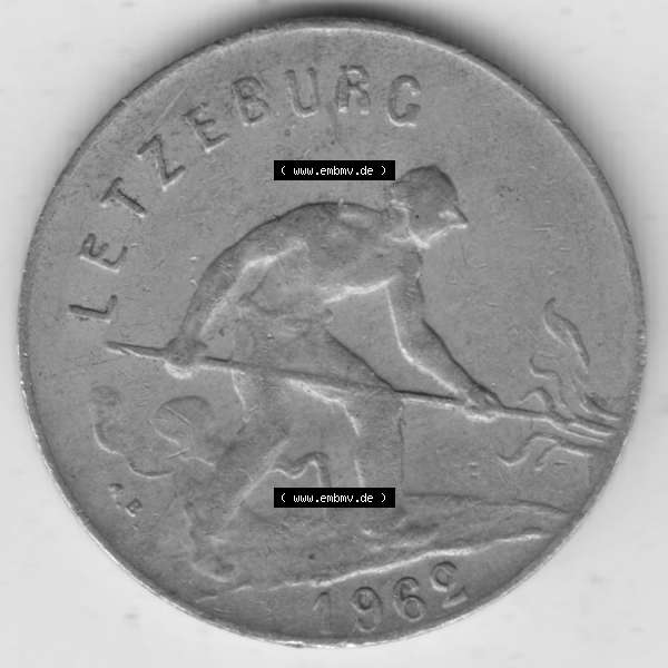 Grau bzw. s/w Münzen Luxemburg Umlaufmünze 1952-1964, 1 F, Franc, Franken 1962, Bild mit Rückseite der Münze als Bildmaterial Sammlung Graustufen