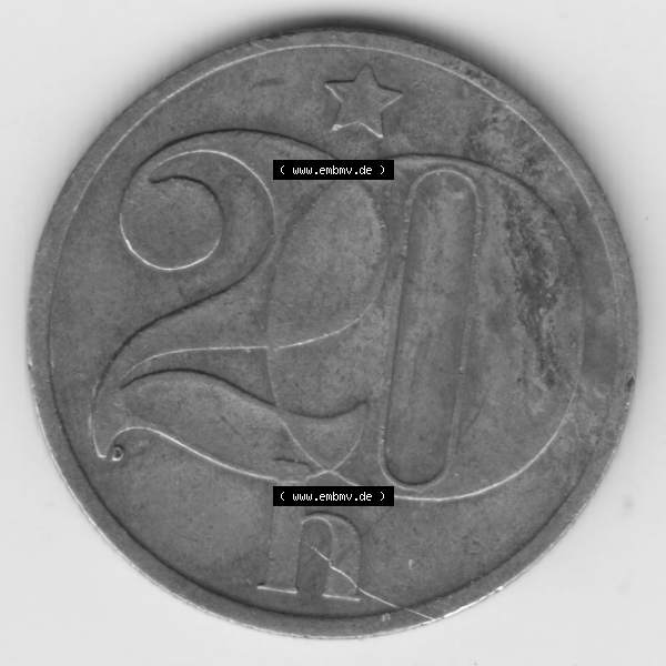 Grau bzw. s/w Münzen Tschechoslowakei Umlaufmünze 1972-1990 20 h, Heller, Haleru. Rückseite der Münze aus Tschechoslowakei als Bildmaterial für Sammler und Münzen-Webseiten... Sammlung Graustufen